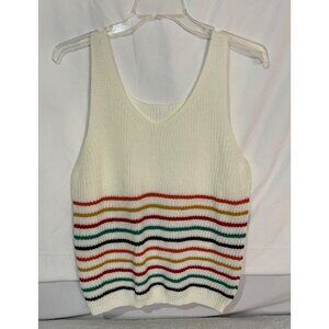 Boho Striped Knit Sleeveless hoodie White Multicolor Stripes  Sz L‎ Scoop Neck
